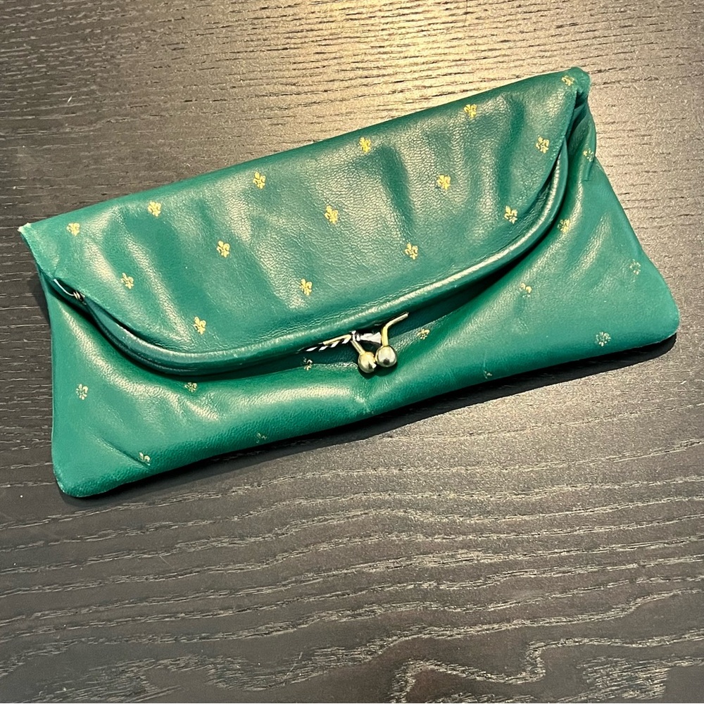 Vintage Green Fold-Over Clutch with Gold Fleur Accents